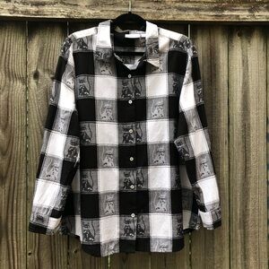 Country Store Cat Plaid Button Down Shirt Patchwork Black White Size L Stitched